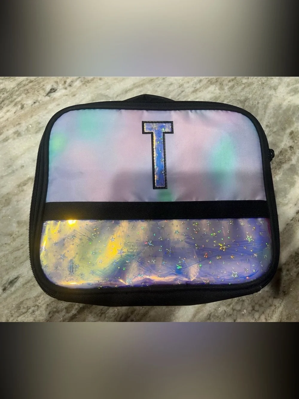 Monogrammed Iridescent Cosmetic Pouch - Lavender Holographic T
